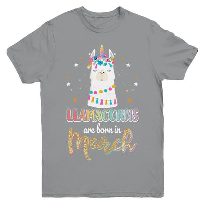Llama Unicorn Llamacorns Born In March Birthday Gift Youth-Youth Shirt-Youth T-Shirt-Sport Grey