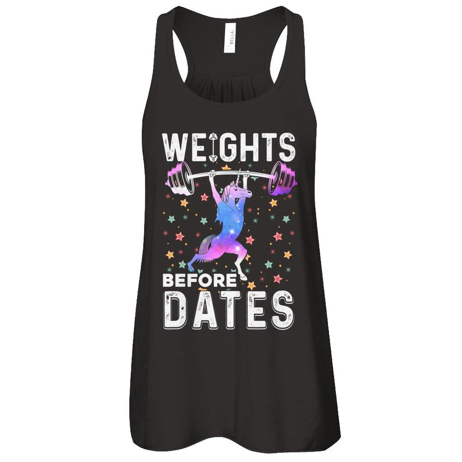 Weights Before Dates Unicorn Gym Weight Lifting-T-Shirt & Tank Top-Women's Flowy Racerback Tank-Black