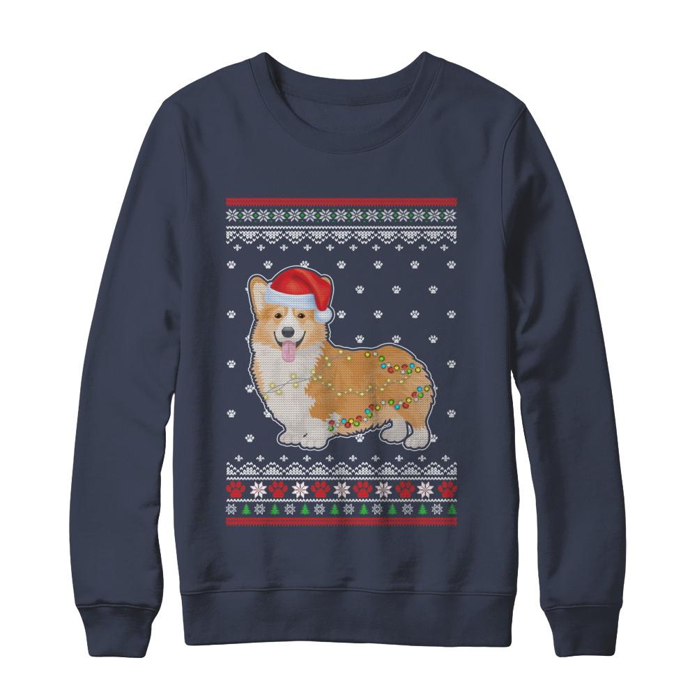 Corgi Christmas Ugly Sweater Lights Dog Xmas Gift-T-Shirt & Sweatshirt-Crewneck Sweatshirt-Navy