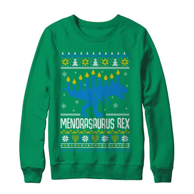 Funny Ugly Hanukkah Dinosaur T-Rex Menorasaurus Sweater-T-Shirt & Sweatshirt-Crewneck Sweatshirt-Irish Green
