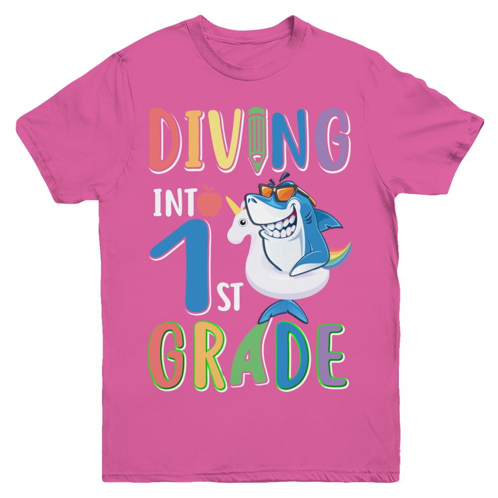Diving Into 1st Grade Back To School Shark Youth-Youth Shirt-Youth T-Shirt-Heliconia