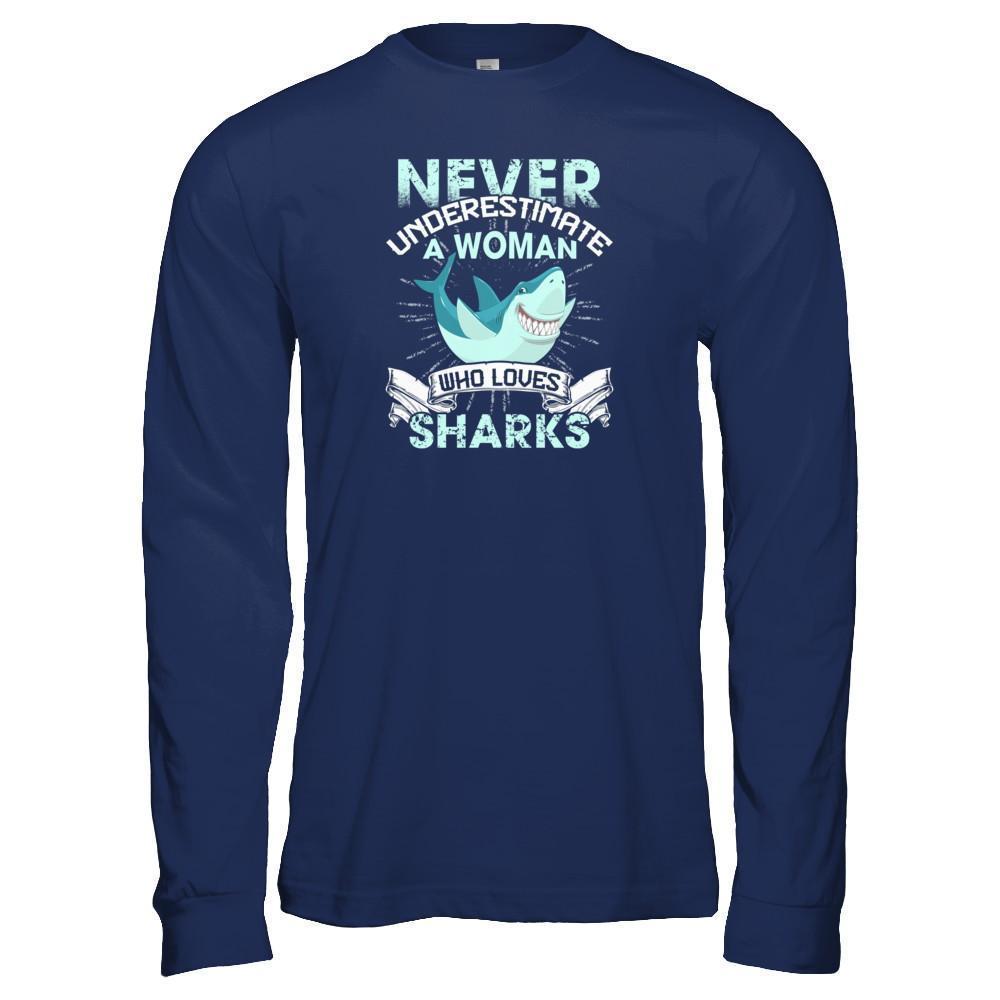 Never Underestimate A Woman Who Loves Shark-T-Shirt & Tank Top-Long Sleeve T-Shirt-Navy