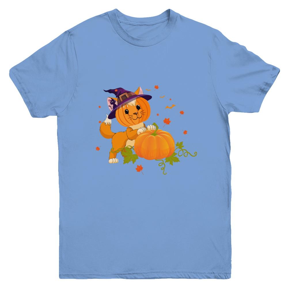 Funny Halloween Cat Pumpkin Costume Youth-Youth Shirt-Youth T-Shirt-Carolina Blue