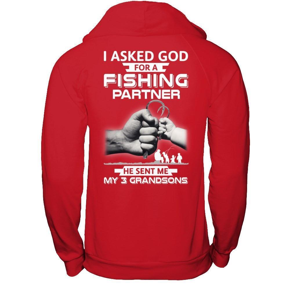 I Asked God For A Fishing Partner He Sent Me My Three Grandsons-T-Shirt & Hoodie-Pullover Hoodie-Red