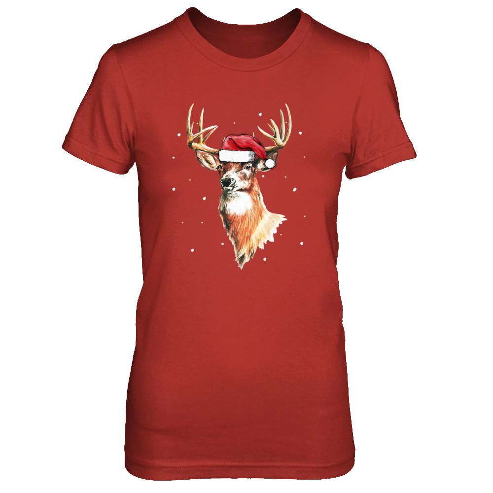Christmas Pajama Deer With Santa Hat Hunting Hunter-T-Shirt & Sweatshirt-Women's T-Shirt-Red
