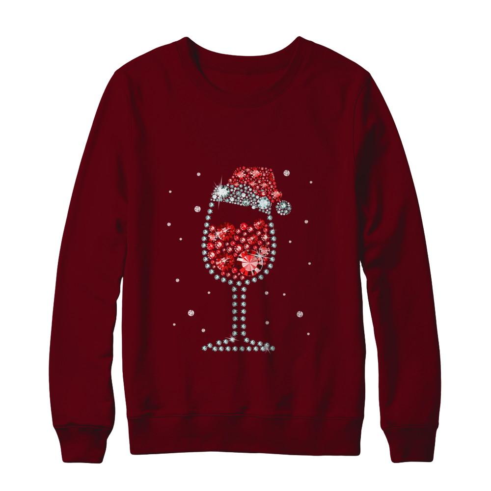 Diamond Wine Glasses Santa Hat Christmas-T-Shirt & Sweatshirt-Crewneck Sweatshirt-Maroon