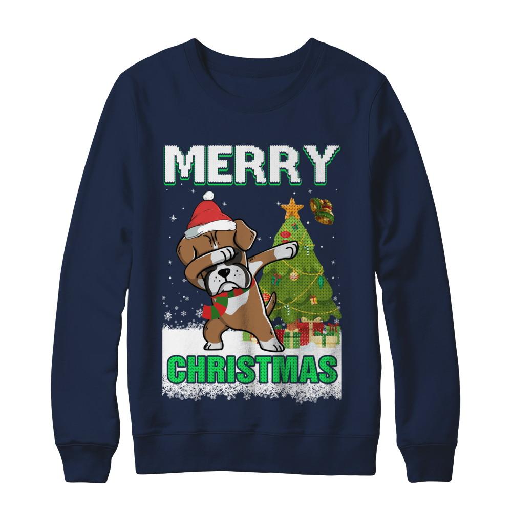 Cute Boxer Claus Merry Christmas Ugly Sweater-T-Shirt & Sweatshirt-Crewneck Sweatshirt-Navy