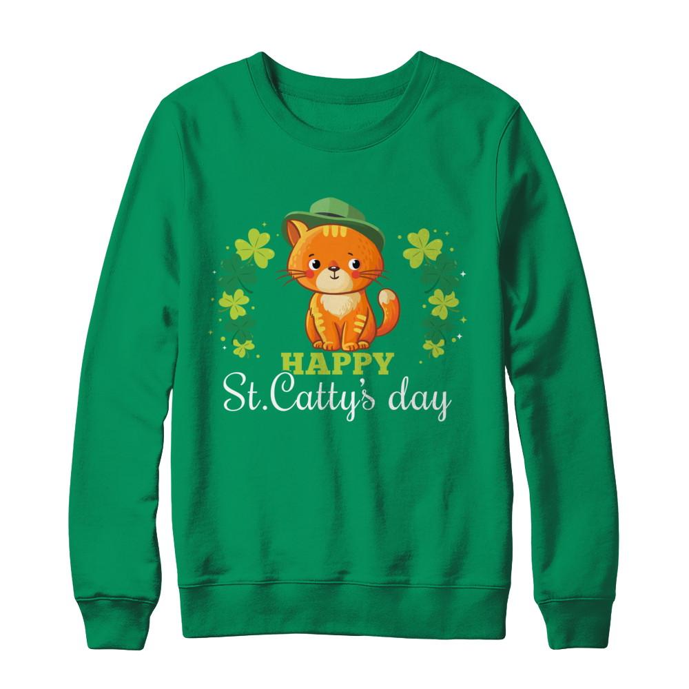 Happy St Catty's St. Patrick's Day Lucky Cat Gift-T-Shirt & Hoodie-Crewneck Sweatshirt-Irish Green