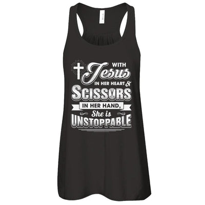 With Jesus In Her Heart And Scissors For Hairdresser-T-Shirt & Tank Top-Women's Flowy Racerback Tank-Black