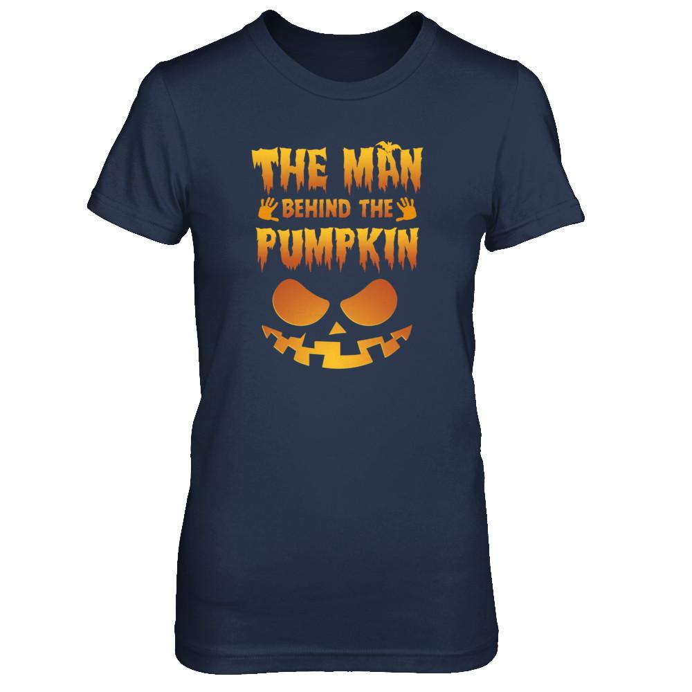 The Man Behind The Pumpkin Funny Pregnant Halloween-T-Shirt & Tank Top-Women's T-Shirt-Navy