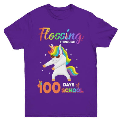 Flossing through 100 Days of School Unicorn Girl Youth-Youth Shirt-Youth T-Shirt-Purple