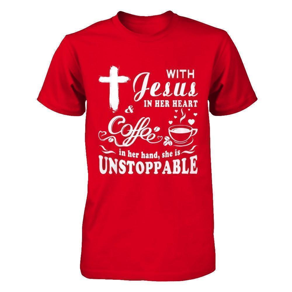 With Jesus In Her Heart And Coffee In Her Hand-T-Shirt & Hoodie-Premium T-Shirt-Red