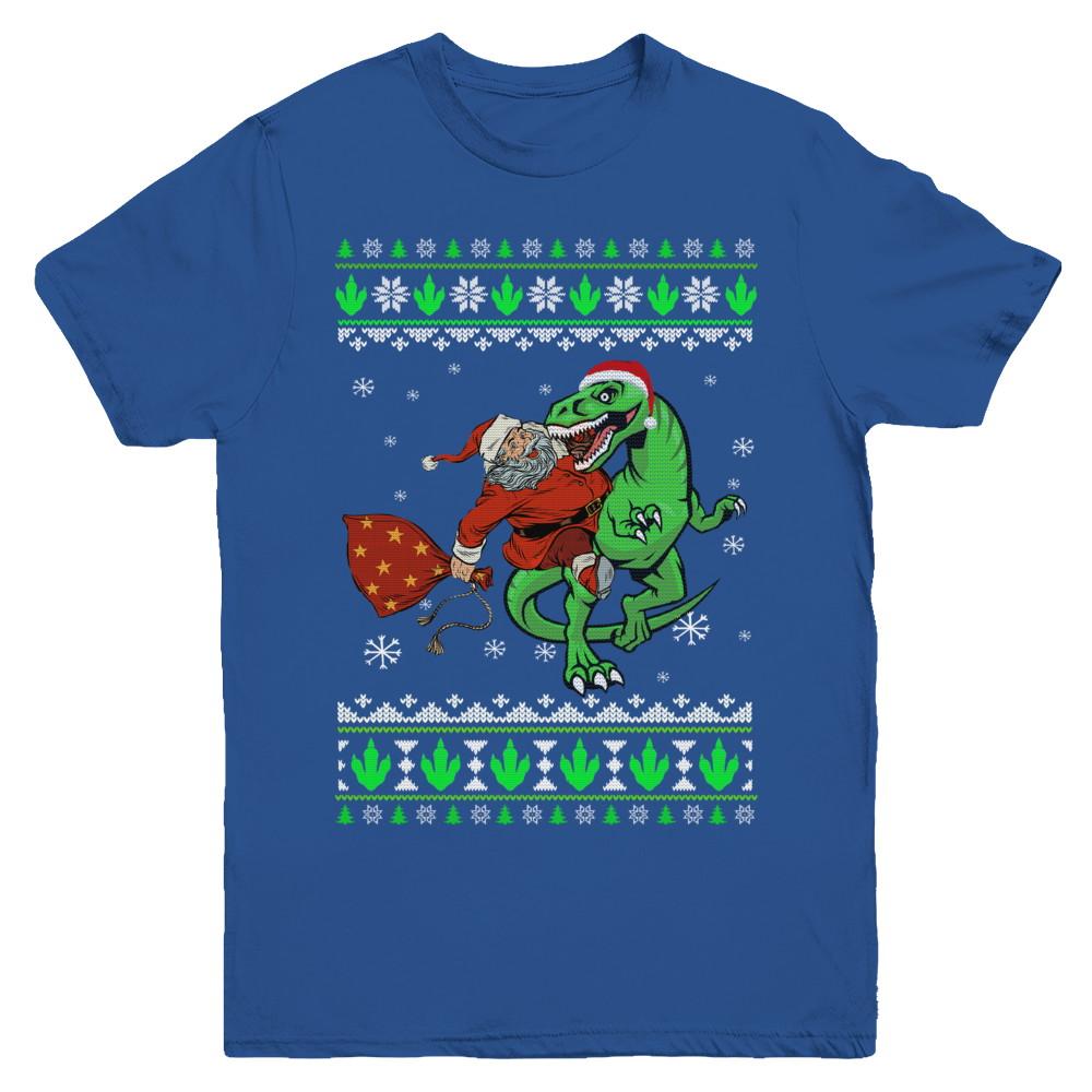 Santa Riding Dinosaur T-Rex Ugly Christmas Sweater Youth-Youth Shirt-Youth T-Shirt-Royal