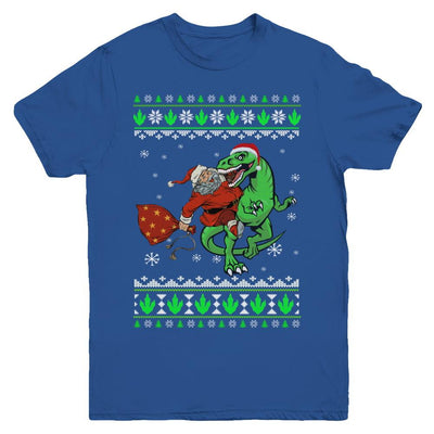 Santa Riding Dinosaur T-Rex Ugly Christmas Sweater Youth-Youth Shirt-Youth T-Shirt-Royal