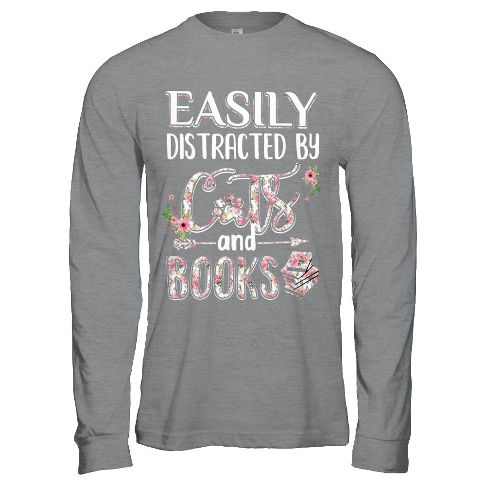 Easily Distracted By Cats And Books-T-Shirt & Hoodie-Long Sleeve T-Shirt-Sport Grey