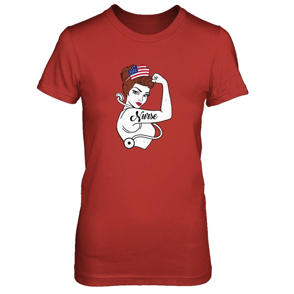 Nurse Vet Strong Woman American Flag Nursing 4Th Of July-T-Shirt & Tank Top-Women's T-Shirt-Red
