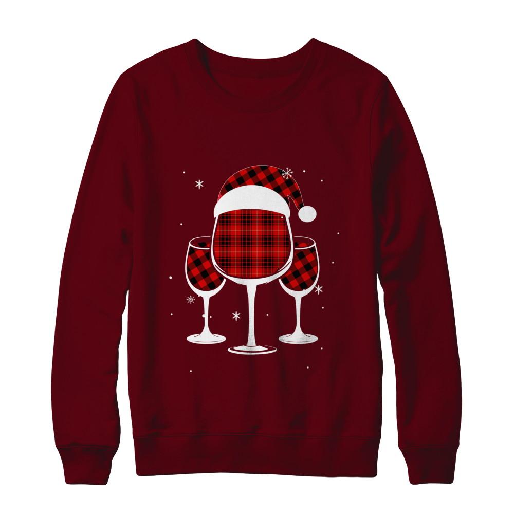 Red Plaid Buffalo Wine Santa Hat Christmas-T-Shirt & Sweatshirt-Crewneck Sweatshirt-Maroon