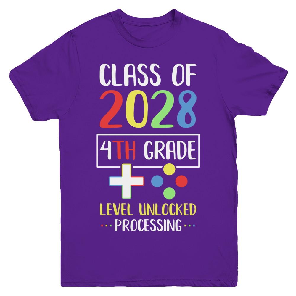 Class Of 2028 4th Grade Level Unlock Gaming Back Go School Youth-Youth Shirt-Youth T-Shirt-Purple