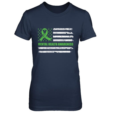 Green Ribbon Mental Health Awareness US Flag-T-Shirt & Hoodie-Women's T-Shirt-Navy