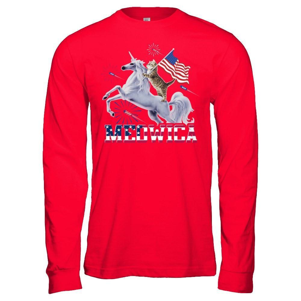 Meowica 4Th Of July Funny Cat On Unicorn Independence-T-Shirt & Hoodie-Long Sleeve T-Shirt-Red