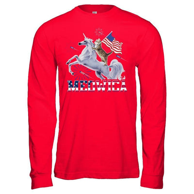 Meowica 4Th Of July Funny Cat On Unicorn Independence-T-Shirt & Hoodie-Long Sleeve T-Shirt-Red