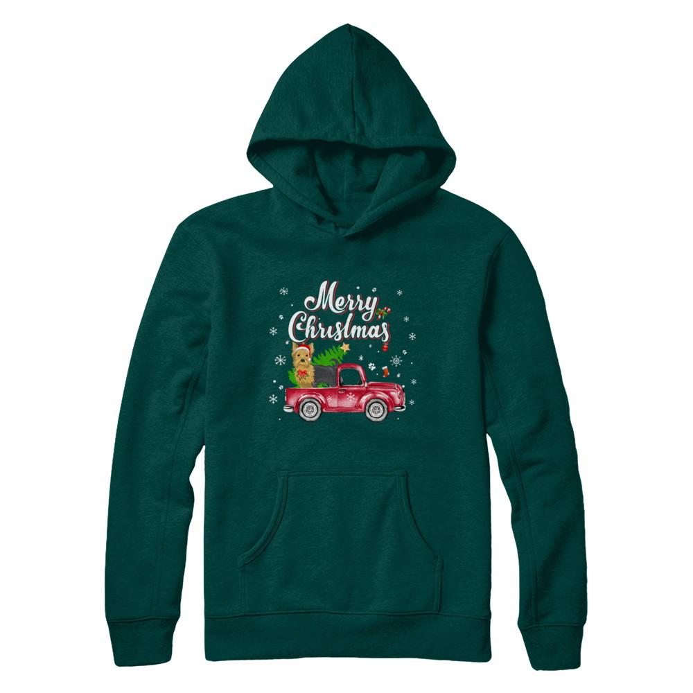 Yorkie Retriever Rides Red Truck Christmas Pajama-T-Shirt & Sweatshirt-Pullover Hoodie-Deep Forest