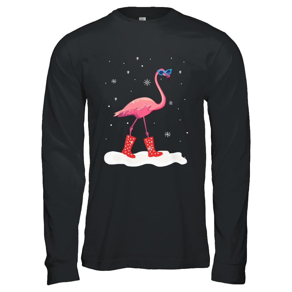 Flamingo With Rubber Boots Snow-T-Shirt & Hoodie-Long Sleeve T-Shirt-Black