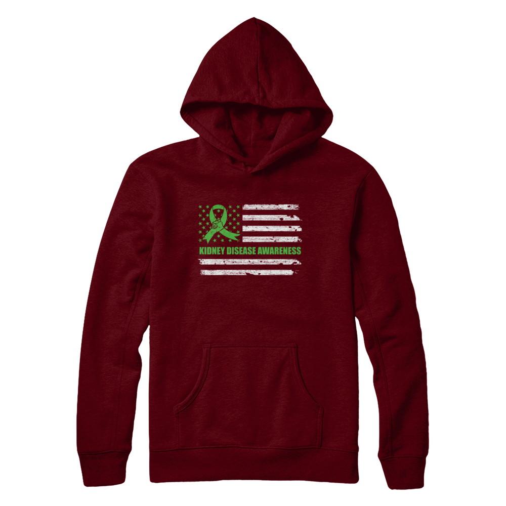 Green Ribbon Kidney Disease Awareness US Flag-T-Shirt & Hoodie-Pullover Hoodie-Maroon