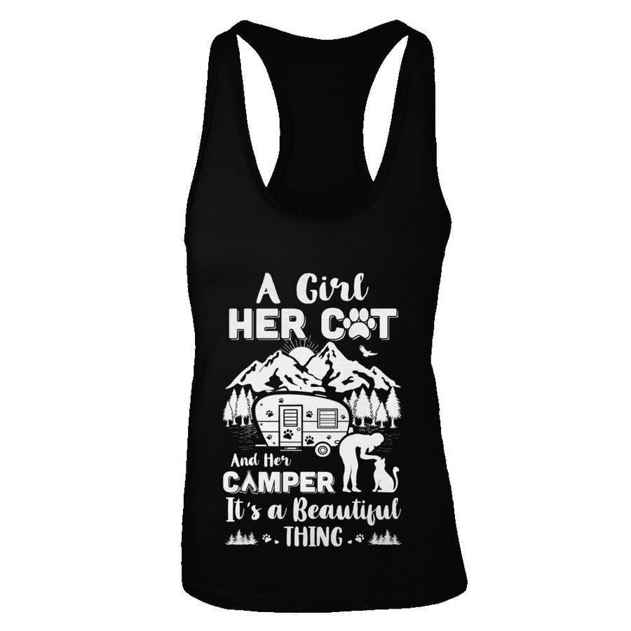 A Girl Her Cat And Her Camper It's A Beautiful Thing Camping-T-Shirt & Tank Top-Women's Ideal Racerback Tank-Black