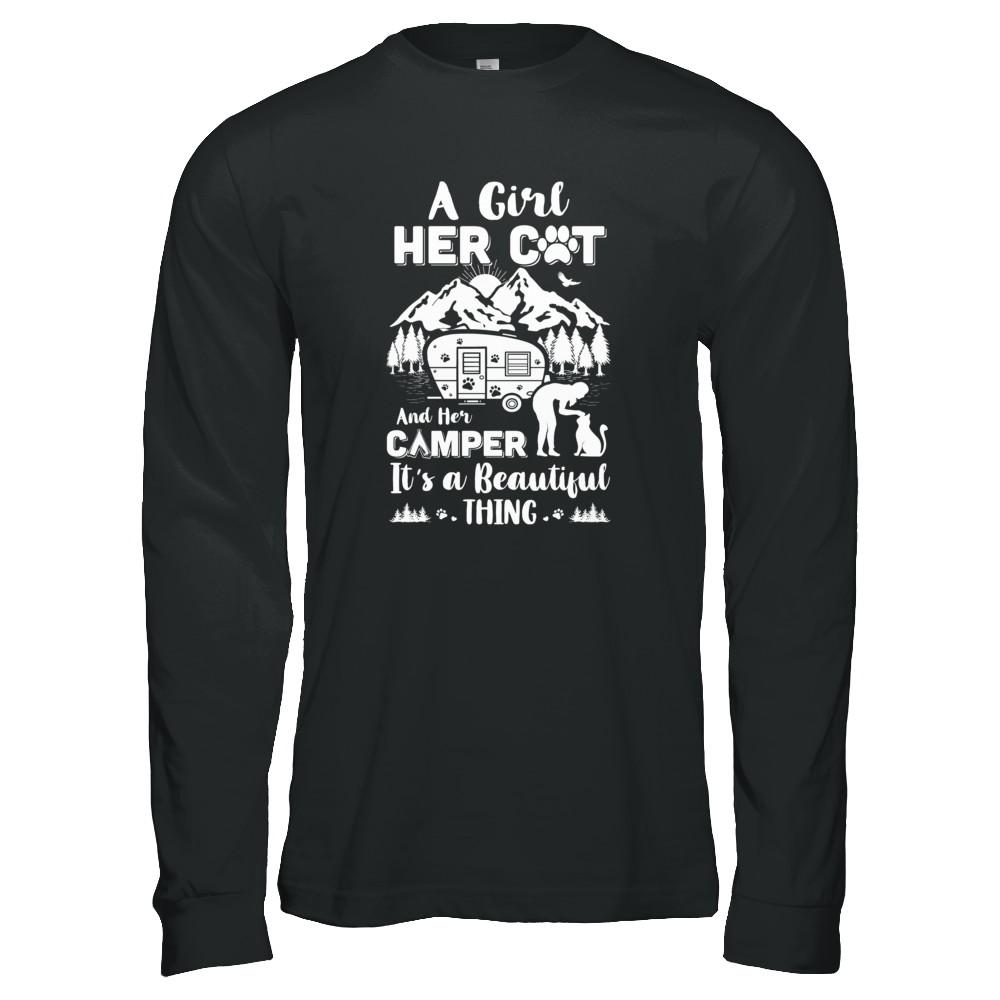 A Girl Her Cat And Her Camper It's A Beautiful Thing Camping-T-Shirt & Tank Top-Long Sleeve T-Shirt-Black