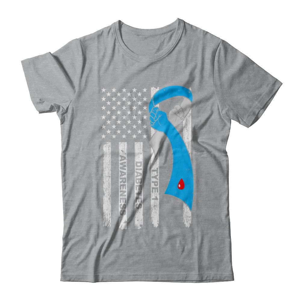 Type 1 Diabetes Awareness Support T1D Flag Ribbon-T-Shirt & Hoodie-Classic T-Shirt-Sport Grey