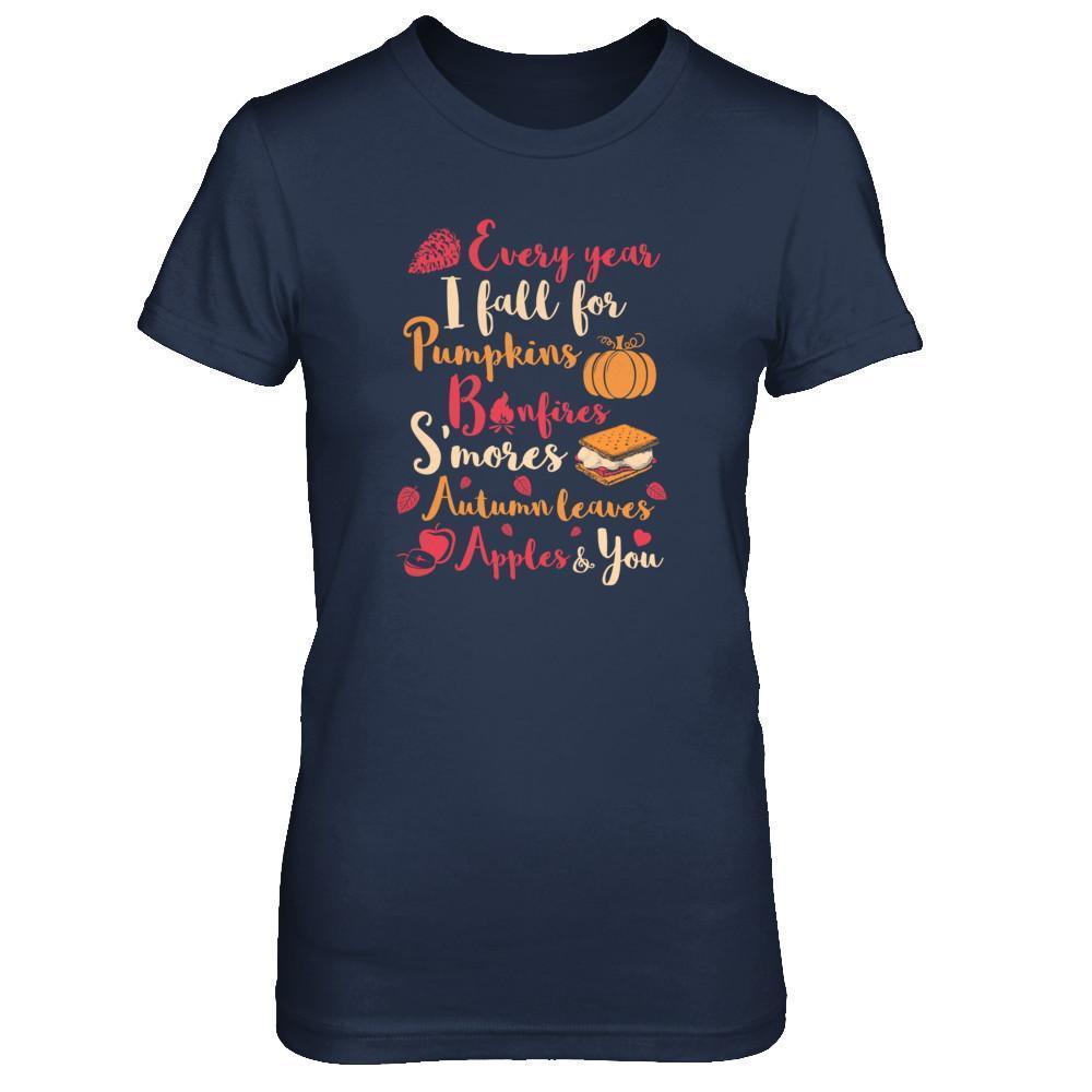 Every Year I Fall For Pumpkins Bonfires S'mores Autumn-T-Shirt & Tank Top-Women's T-Shirt-Navy