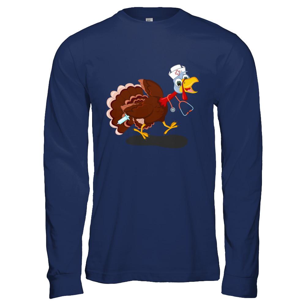 Nurse Turkey Funny Thanksgiving Day-T-Shirt & Hoodie-Long Sleeve T-Shirt-Navy