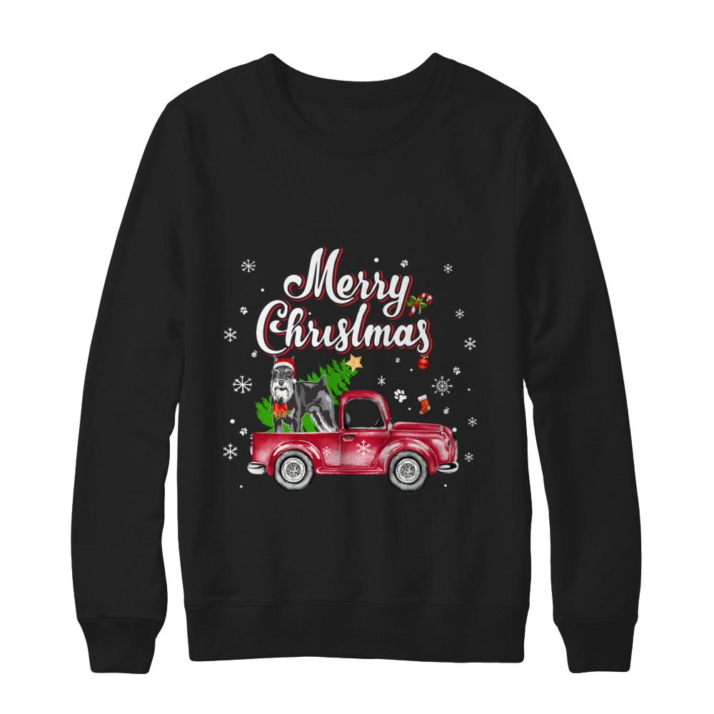 Schnauzer Retriever Rides Red Truck Christmas Pajama-T-Shirt & Sweatshirt-Crewneck Sweatshirt-Black