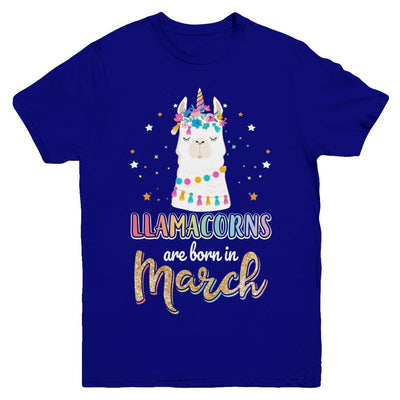 Llama Unicorn Llamacorns Born In March Birthday Gift Youth-Youth Shirt-Youth T-Shirt-Navy