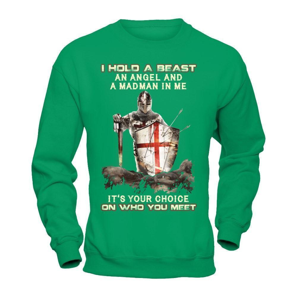 Knight Templar I Hold A Beast An Angel And A Madman In Me-T-Shirt & Hoodie-Crewneck Sweatshirt-Irish Green