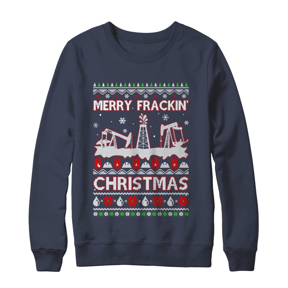 Oilfield Merry Fracking Christmas Ugly Sweater Gifts-T-Shirt & Sweatshirt-Crewneck Sweatshirt-Navy