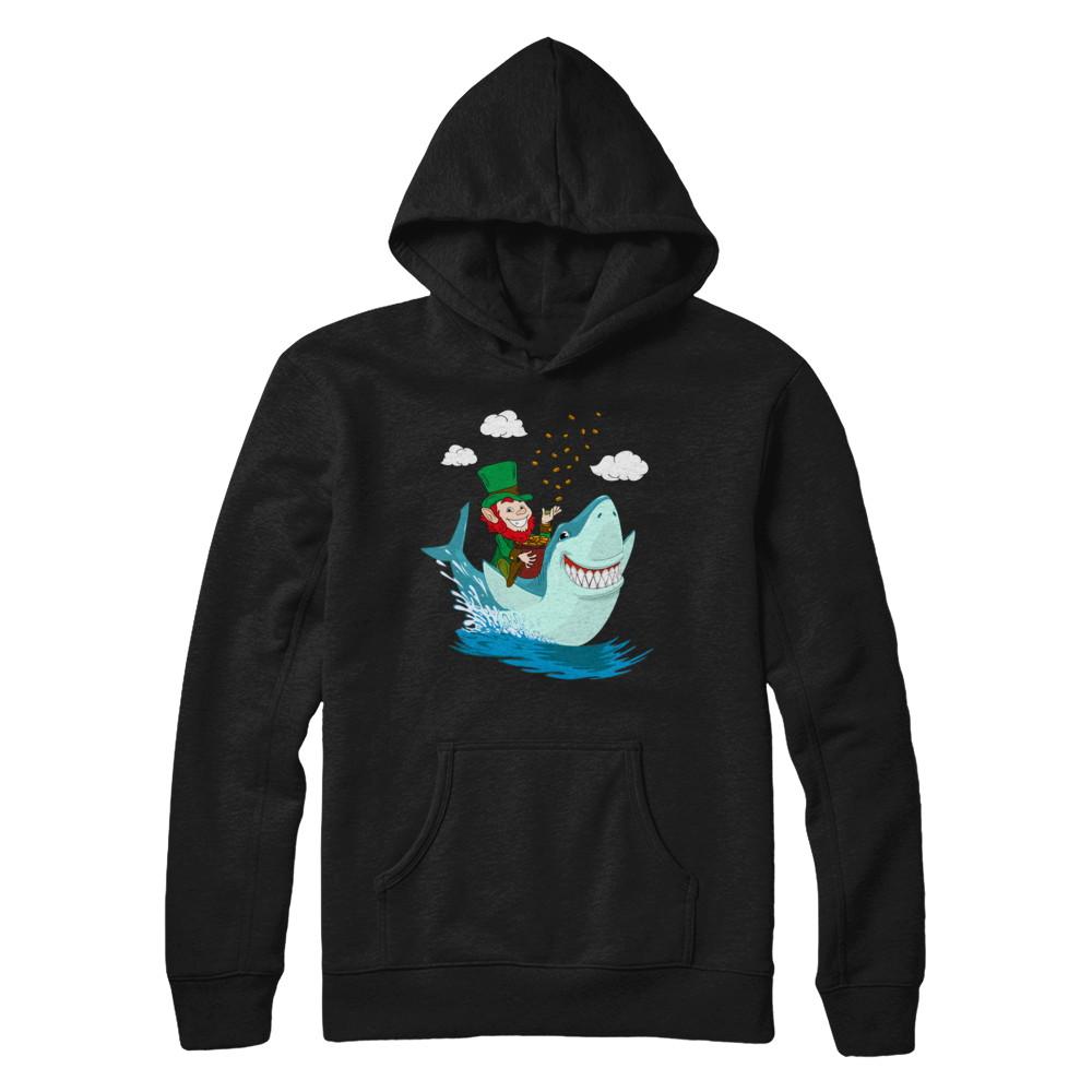 St Patricks Day Leprechaun Riding Shark-T-Shirt & Hoodie-Pullover Hoodie-Black