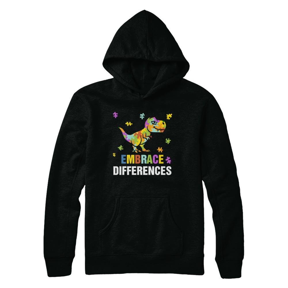 Autism Awareness Puzzle Piece Dinosaur Embrace Differences-T-Shirt & Hoodie-