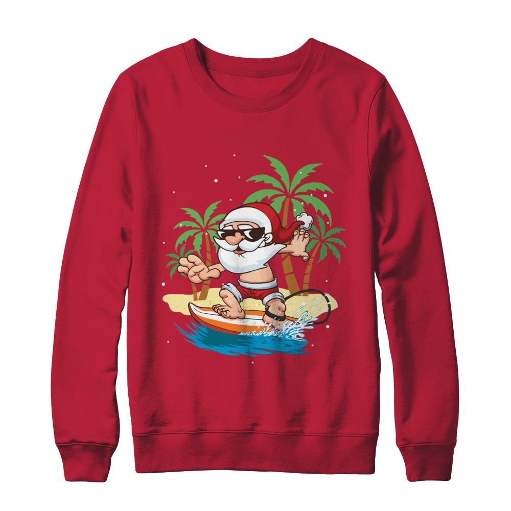 Funny Santa Surfing Hawaiian Summer Christmas-T-Shirt & Sweatshirt-Crewneck Sweatshirt-Red
