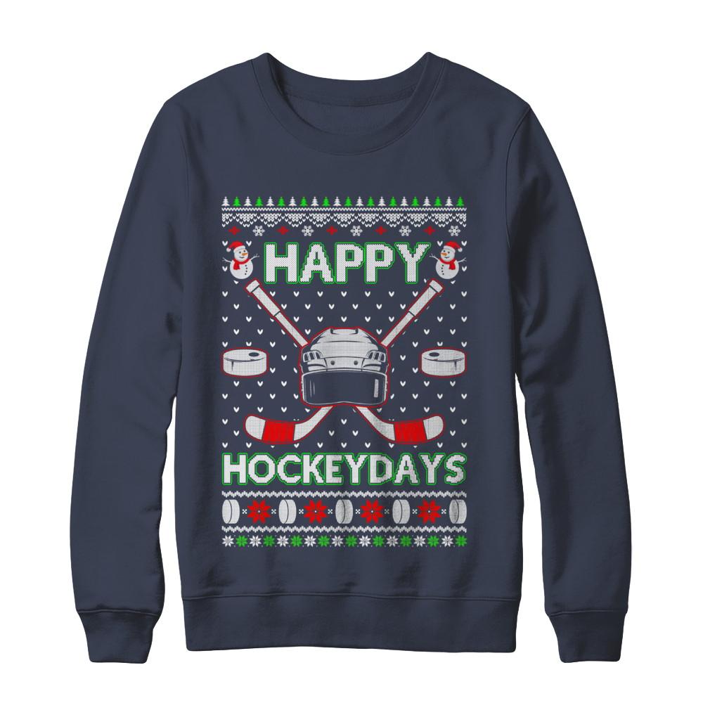 Happy Hockeydays Hockey Ugly Christmas Sweater-T-Shirt & Sweatshirt-Crewneck Sweatshirt-Navy