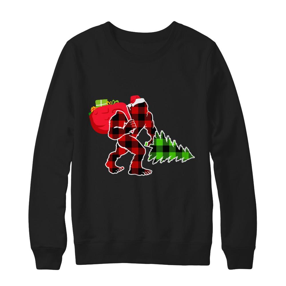 Red Plaid Bigfoot Christmas Buffalo Plaid-T-Shirt & Sweatshirt-Crewneck Sweatshirt-Black