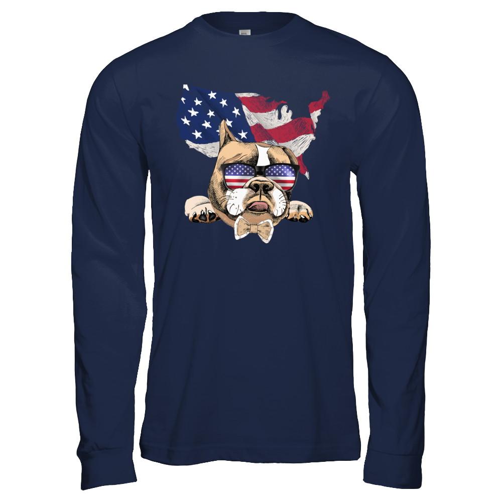 Funny Patriot Bulldog Dog 4Th Of July American Flag-T-Shirt & Hoodie-Long Sleeve T-Shirt-Navy