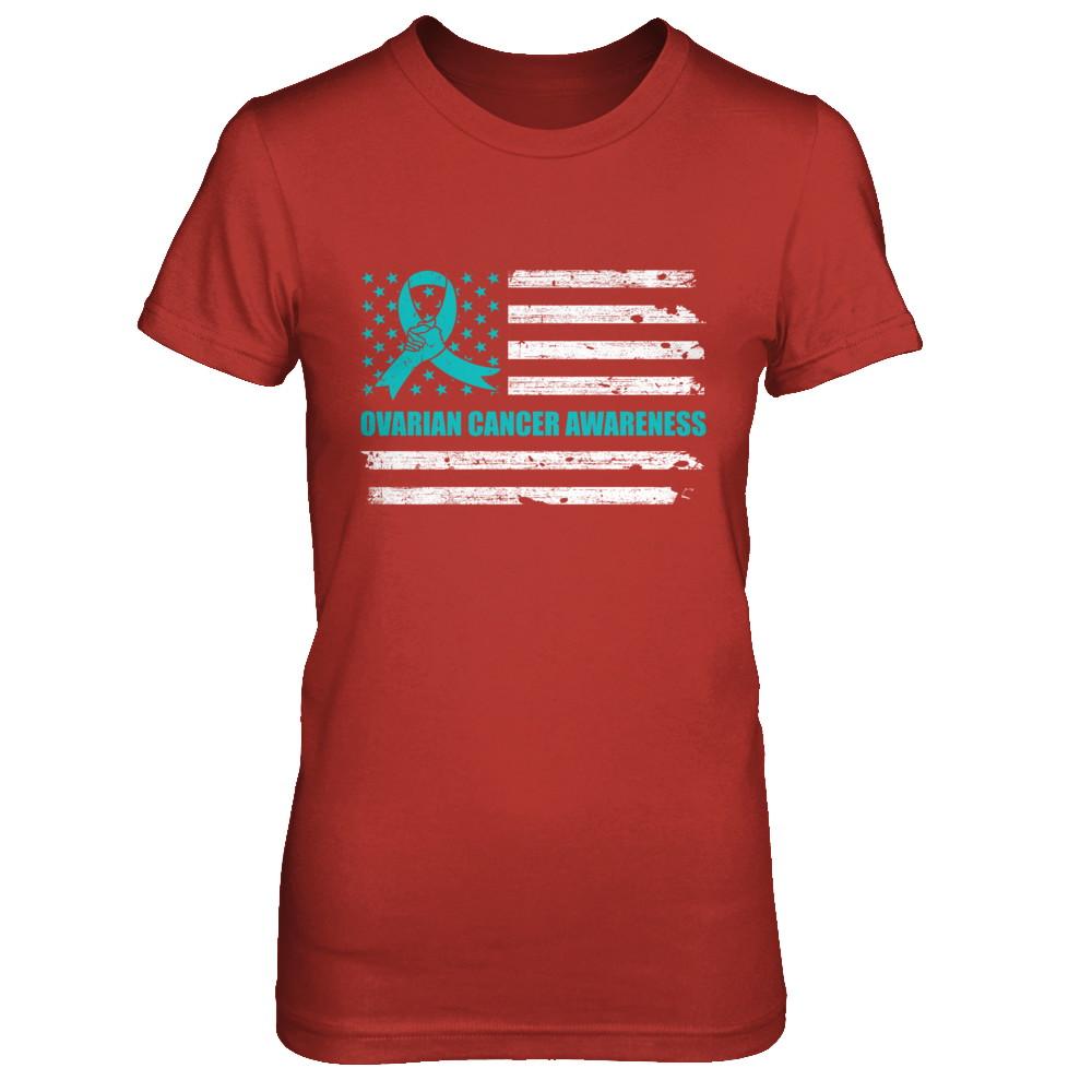 Teal Ribbon Ovarian Cancer Awareness US Flag-T-Shirt & Hoodie-Women's T-Shirt-Red