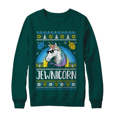 Jewnicorn Funny Jewish Unicorn Hanukkah Chanukah Sweater-T-Shirt & Sweatshirt-Crewneck Sweatshirt-Deep Forest