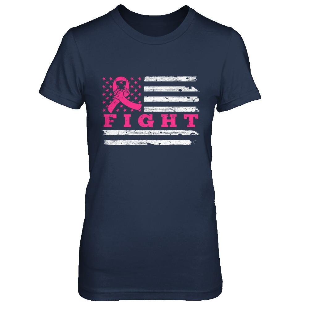 Fight Pink Ribbon US Flag Breast Cancer Awareness-T-Shirt & Hoodie-Women's T-Shirt-Navy