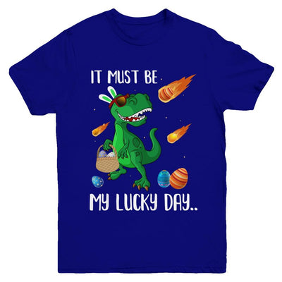 Funny Easter Bunny Dinosaur It Must Be My Lucky Day Youth-Youth Shirt-Youth T-Shirt-Navy