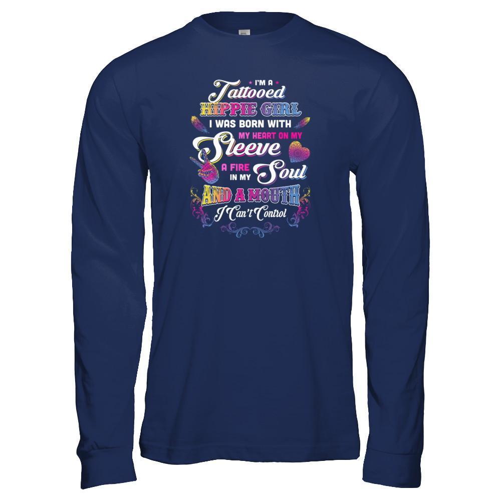 I'm A Tattooed Hippie Girl I Was Born With My Heart-T-Shirt & Tank Top-Long Sleeve T-Shirt-Navy