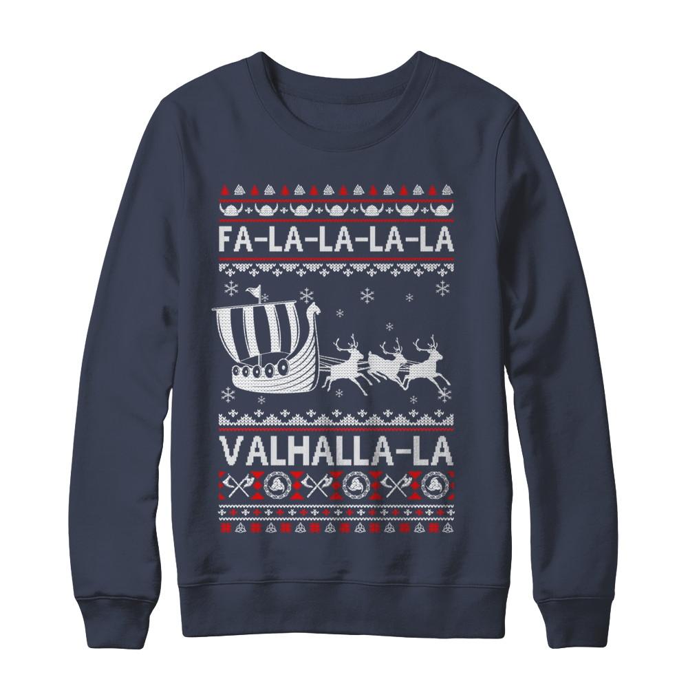 Fa La La Valhalla Viking Ship Ugly Christmas Sweater-T-Shirt & Sweatshirt-Crewneck Sweatshirt-Navy