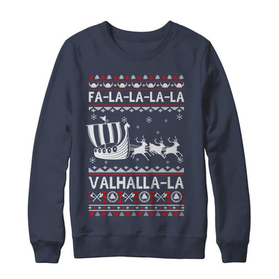 Fa La La Valhalla Viking Ship Ugly Christmas Sweater-T-Shirt & Sweatshirt-Crewneck Sweatshirt-Navy